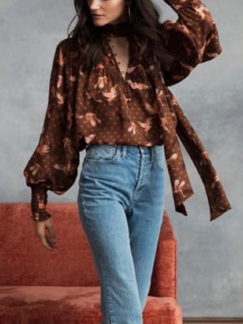 Happy X Nature NWTS by Kate Hudson Brown Bird Print Blouse Smocked Sleeve medium